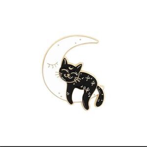 BLACK cat sleeping on crescent moon enamel pin brooche